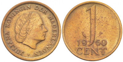 Нидерланды 1 цент 1960 Юлиана (1949-1980) KM 180 бронза 3955-245