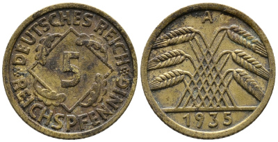 ГЕРМАНИЯ 5 РЕЙХСПФЕННИГОВ 1935 A KM 39, J. 316 алюминиевая бронза 39-612