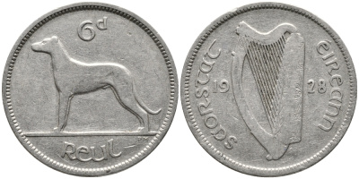 Ирландия 6 пенсов 1928 собака, ирландский волкодав KM 5 никель 28-826