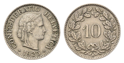 Швейцария 10 раппенов 1925 KM 27 медно-никель 4685-239