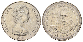 Остров Мэн 1 крона 1981 Международный год инвалидов, Луи Брайль КМ 77 медно-никель UNC 4386-233