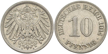 Германия 10 пфеннигов 1914 A KM 12, Jager 13, Weege 8 медно-никель 219-237