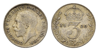 Великобритания 3 пенса 1920 Георг V (1910-1936) KM 813a, Spink 4016 серебро 4644-341