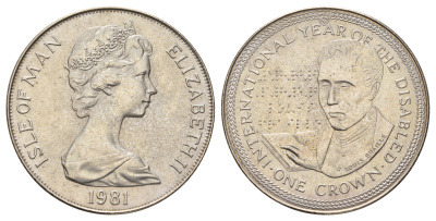 Остров Мэн 1 крона 1981 Международный год инвалидов, Луи Брайль КМ 77 медно-никель UNC 4386-233