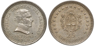 Уругвай 25 сентесимо 1960 KM 40 медно-никель 4169-966