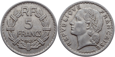 ФРАНЦИЯ 5 ФРАНКОВ 1946 KM 888b.1 алюминий 08-642