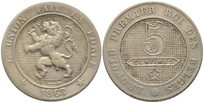 БЕЛЬГИЯ 5 САНТИМОВ 1863 BELGES KM 21 медно-никель 105-1035