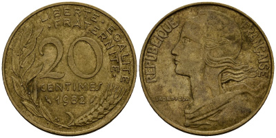 Франция 20 сантимов 1982 KM 930 алюминиевая бронза 4138-346