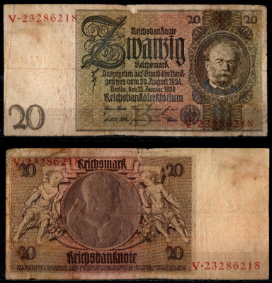 Германия 20 рейхсмарок 1929 Pick 181 бумага 8616-51-2-1