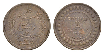 Тунис 2 сантима 1891 A KM 220 бронза 1531-1343