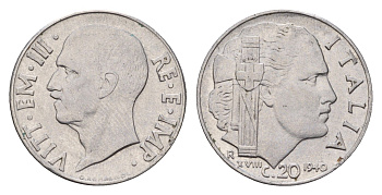 Италия 20 чентезимо 1940 R, Виктор Эммануил III (1900-1946) KM 75b нержавеющая сталь 4627-1112