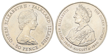 Фолклендские острова (Фолкленды) 50 пенсов 1980 80 лет со дня рождения Королевы Матери KM 15 медно-никель BU 11-165-25