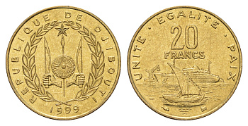 Джибути 20 франков 1999 KM 24 медь алюминий никель UNC 4671-343