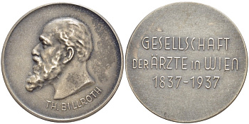 АВСТРИЯ МЕДАЛЬ 1937 ХРИСТИАН АЛЬБЕРТ ТЕОДОР БИЛЬРОТ (1829-1894) ВЫДАЮЩИЙСЯ НЕМЕЦКИЙ (АВСТРИЙСКИЙ) ХИРУРГ, 100 ЛЕТ ВЕНСКОМУ ОБЩЕСТВУ ВРАЧЕЙ (1837-1937), ДИАМЕТР 33 ММ. белый металл 1087-4-61