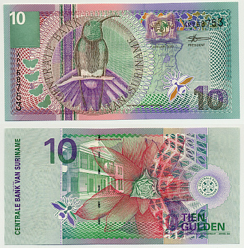Суринам 10 гульденов 2000 колибри-манго, цветок Pick 147 бумага UNC (пресс) 7485-43-1
