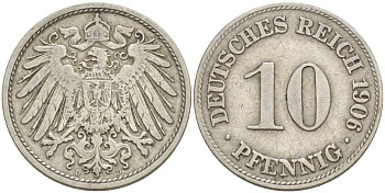 ГЕРМАНИЯ 10 ПФЕННИГОВ 1906 D KM 12, Jager 13, Weege 8 медно-никель 219-123