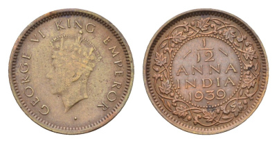 Британская Индия 1/12 анна 1939 Георг VI (1936-1952), год-тип KM 526 бронза 4152-254