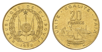 Джибути 20 франков 1999 KM 24 медь алюминий никель UNC 4671-343