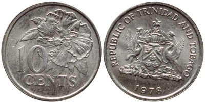 Тринидад и Тобаго 10 центов 1978 цветок гибискуса KM 31 медно-никель 4396-865