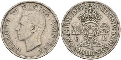 Великобритания 2 шиллинга (флорин) 1948 Георг VI (1936-1952) KM 865, Spink 4102 медно-никель    4149-434