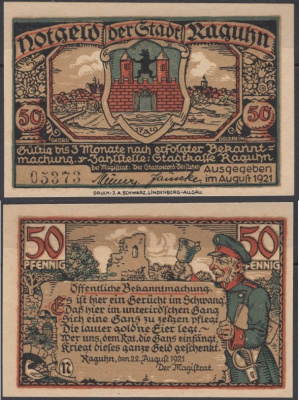 Рагун 50 пфеннигов ND (1921) DeNG 1 1094.1-12/12 бумага UNC (пресс) 8595-8-2-2
