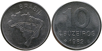 Бразилия 10 крузейро 1982 KM 592.1, Schon 101 нержавеющая сталь 4514-1145