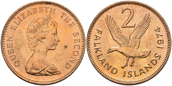 Фолклендские острова 2 пенса 1974 Елизавета II (1952-2022), магелланов гусь KM 3 бронза aUNC 4153-555