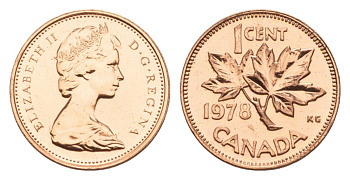 Канада 1 цент 1978 Елизавета II (1952-2022), кленовый лист KM 59.1 бронза PROOF-LIKE (BU) 4630-929