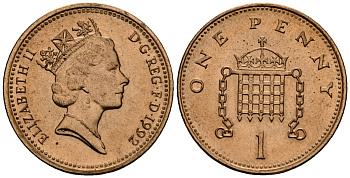 Великобритания 1 пенни 1992 Елизавета II (1952-2022) KM 935a, Spink 4391 (B4) сталь плакированная медью 4176-624