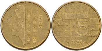 Нидерланды 5 гульденов 1989 Беатрикс (1980-2013) KM 210 никель плакированный бронзой 28-724