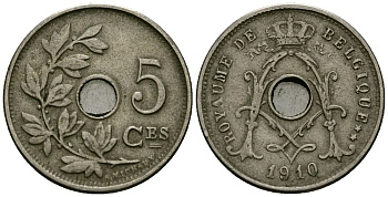 Бельгия 5 сантимов 1910 Belgique, Альберт I (1909-1934) KM 66 медно-никель 4173-429