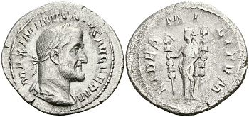 Римская Империя денарий 236 - 238 Максимин Фракиец FIDES MILITVM Фидея, персонификация Верности Рим Good Very fine RIC 18A серебро 00-00-00