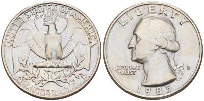 США 25 ЦЕНТОВ = КВОТЕР 1985 D, ВАШИНГТОН KM А164a медь плакированная медно-никелем 190-343