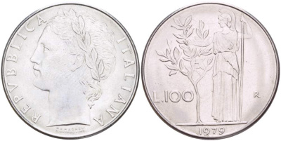 Италия 100 лир 1979 R, Афина в доспехах KM 96.1 нержавеющая сталь 4179-1115
