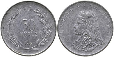 Турция 50 курушей 1973 Анатолийская невеста KM 899 нержавеющая сталь 4541-835