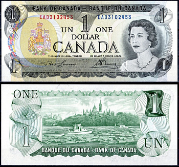 Канада 1 доллар 1973 королева Елизавета II (1952-2022), здание парламента, река Оттава Pick 85 b бумага UNC (пресс) 8615-48-1-1