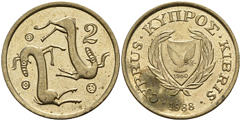 Кипр 2 цента 1988 KM 54.2 никель латунь 4174-1245