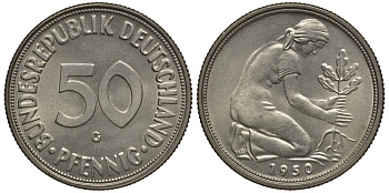 ФРГ 50 ПФЕННИГОВ 1950 G KM 109.1, J. 384 медно-никель UNC 4127-1132