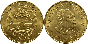 Тонга 2 паанга 1970 год 1968, ограниченный выпуск, позолота, вступление Тонги в Британское содружество, надчеканка на KM 37, король Тауфа’ахау Тупоу IV  медно-никель    1095-8-14