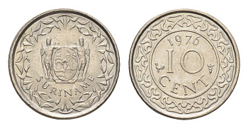 Суринам 10 центов 1976 KM 13 медно-никель 4664-362