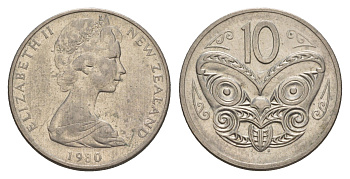 Новая Зеландия 10 центов 1980 Елизавета II (1952-2022), маска маори KM 41.1 медно-никель 4657-132
