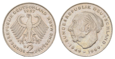 ФРГ 2 марки 1987 D, Теодор Хойс, 20 лет Федеративной Республике (1949-1969) KM A127 медно-никель 4675-311