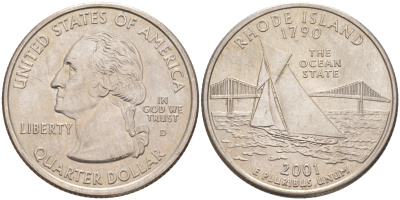 США 25 центов = квотер D, серия штаты США, Род-Айленд KM 320 медь плакированная медно-никелем 4114-143