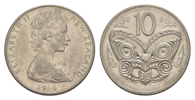 Новая Зеландия 10 центов 1980 Елизавета II (1952-2022), маска маори KM 41.1 медно-никель 4657-132