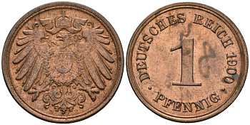 Германия 1 пфенниг 1900 D, Вильгельм II (1888-1918) KM 10, J. 10 медь 4608-147