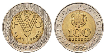 Португалия 100 эскудо 1995 50 лет продовольственной программе ФАО KM 678 биметалл UNC 4675-343