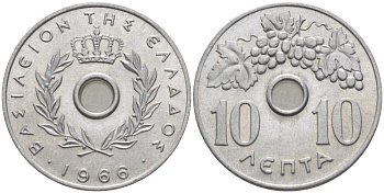 ГРЕЦИЯ 10 ЛЕПТА 1966 КОНСТАНТИН II (1964-1973), ВИНОГРАДНАЯ ГРОЗДЬ KM 78 алюминий UNC M48-15