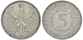 ФРГ 5 марок 1951 D, KM 112.1, J.387 серебро 4178-845