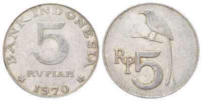Индонезия 5 рупий 1970 черный дронго KM 22 алюминий 4624-427