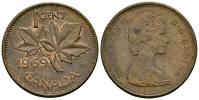 Канада 1 цент 1969 Елизавета II (1952-2022), кленовый лист KM 59.1 бронза 4173-1233